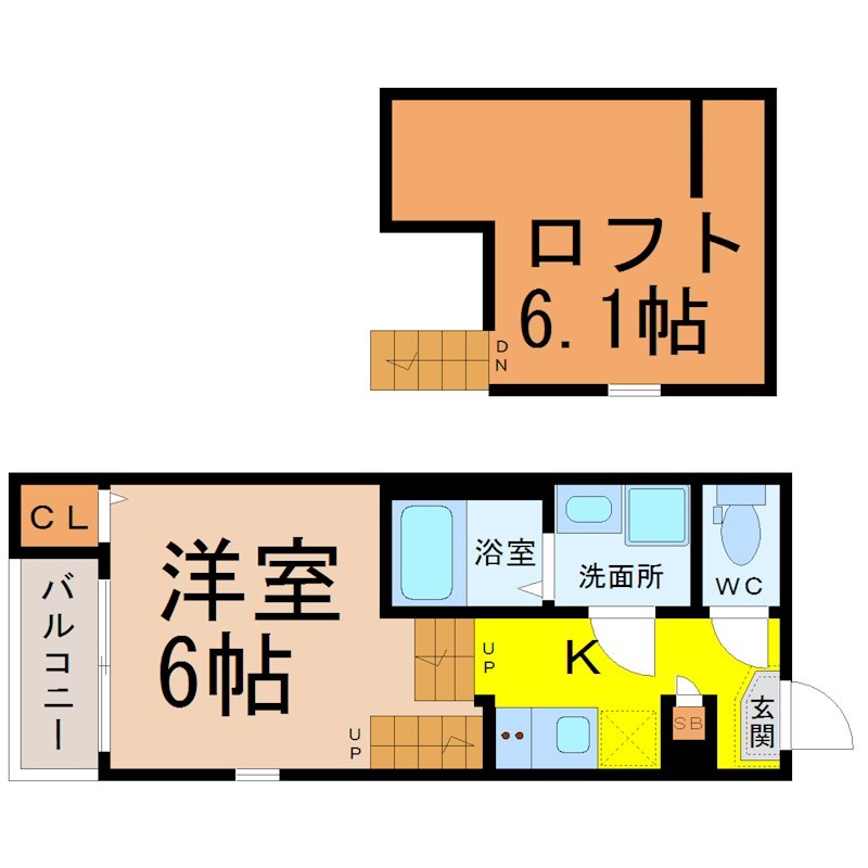 Ｋｅｙ　Ｐｏｉｎｔ（キーポイント） 間取図　洋室6帖　ロフト6.1帖　脱衣洗面所　バルコニー