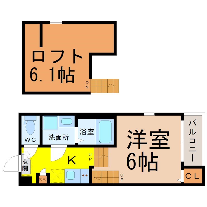 Ｋｅｙ　Ｐｏｉｎｔ（キーポイント） 間取図　洋室6帖　ロフト6.1帖　脱衣洗面所　バルコニー