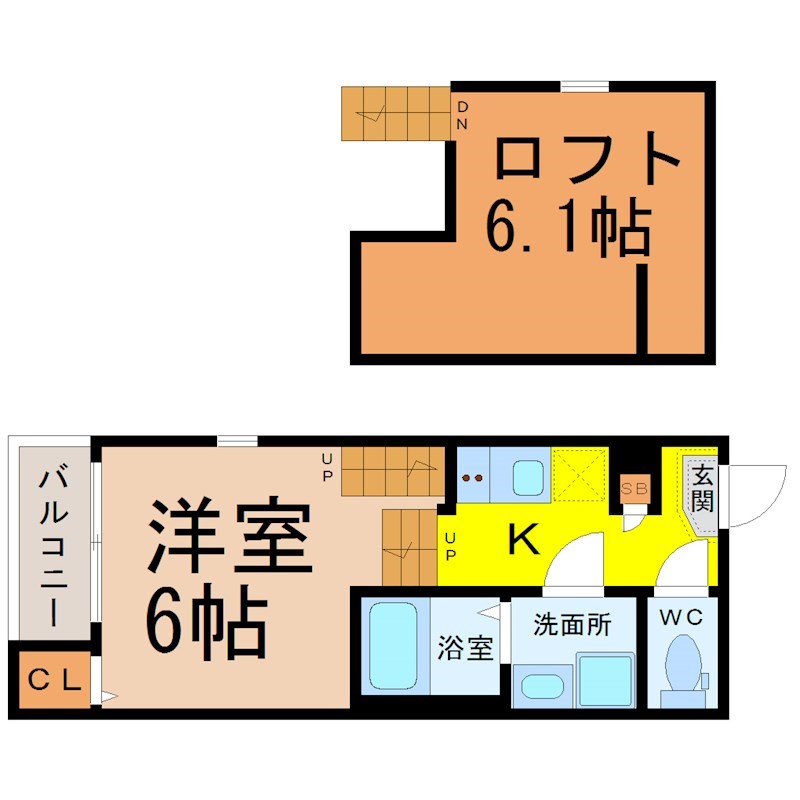 Ｋｅｙ　Ｐｏｉｎｔ（キーポイント） 間取図　洋室6帖　ロフト6.1帖　脱衣洗面所　バルコニー
