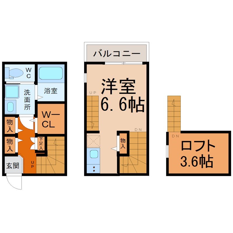 Ｄ.Ａｓｈ（ディーアッシュ） 間取図　洋室6.6帖　ロフト3.6帖　脱衣洗面所　バルコニー