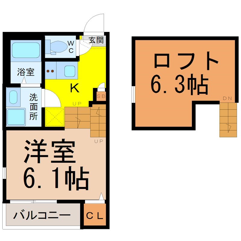 Ｄ.Ａｓｈ（ディーアッシュ） 間取図　洋室6.1帖　ロフト6.3帖　脱衣洗面所　バルコニー