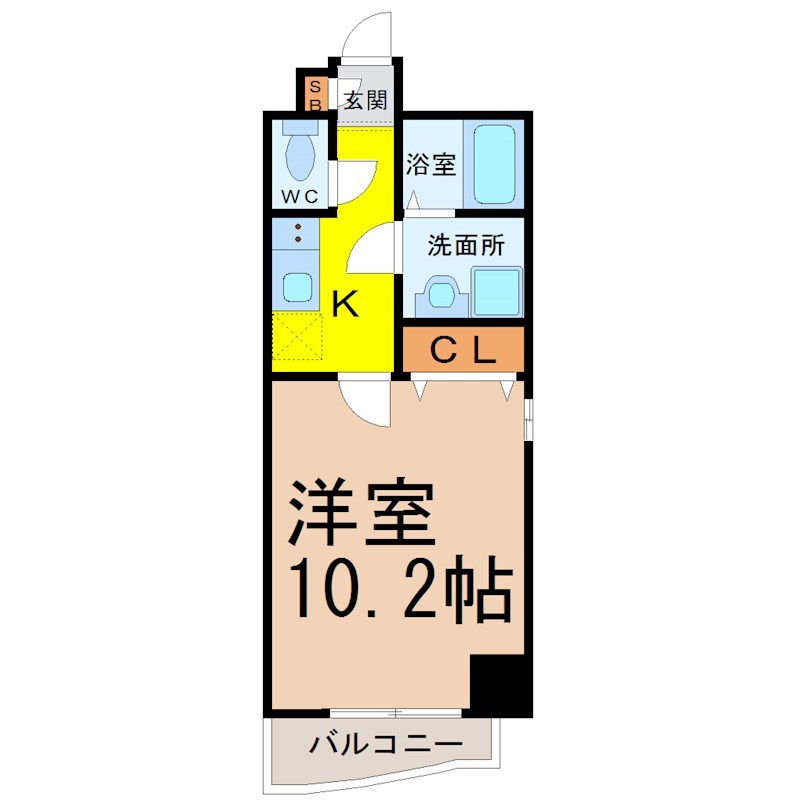 フィルストン白壁 間取り　洋室10.2帖　脱衣洗面所　南面バルコニー