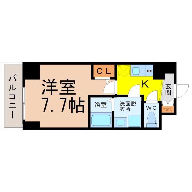 エスリード大須アヴェニュー 間取図　洋室7.7帖　脱衣洗面所　クローゼット付　バルコニー