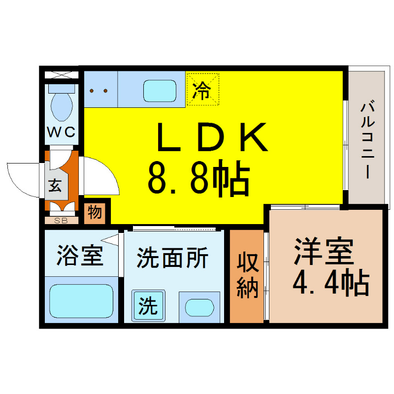 Ｐａｌａｉｓ　ｄｅ　Ｒｏｉ　1ｓｔ（パレドロワファースト） 間取図　ＬＤＫ8.8帖　洋室4.4帖　脱衣洗面所　バルコニー