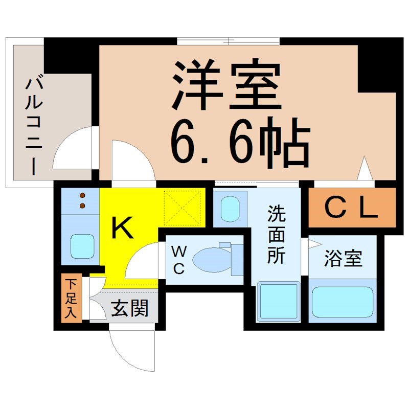 メイクス上前津Ⅲ 間取り　洋室6.6帖　脱衣洗面所　バルコニー