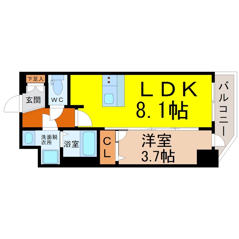 メイクス上前津Ⅲ 間取り　ＬＤＫ　洋室8.1帖　洋室3.7帖　脱衣洗面所