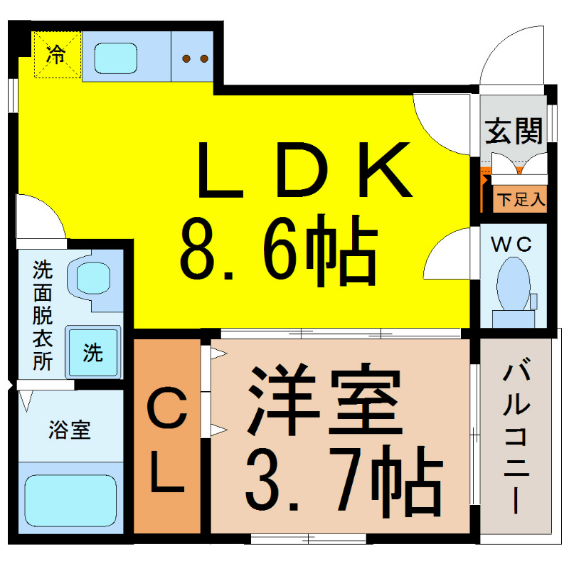 ＣｌａｉｒＰｌａｇｅ 間取図　ＬＤＫ8.6帖　洋室3.7帖　南面バルコニー