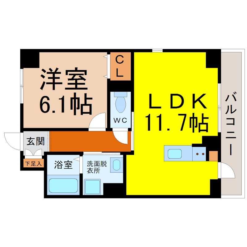 ロイヤル山王 間取図　ＬＤＫ11.7帖　洋室6.1帖　脱衣洗面所
