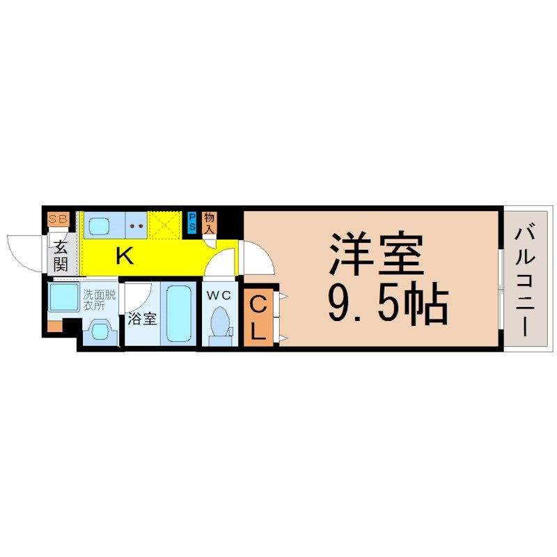 プランベイム滝子通 間取図　洋室9.5帖　脱衣洗面所　南面バルコニー