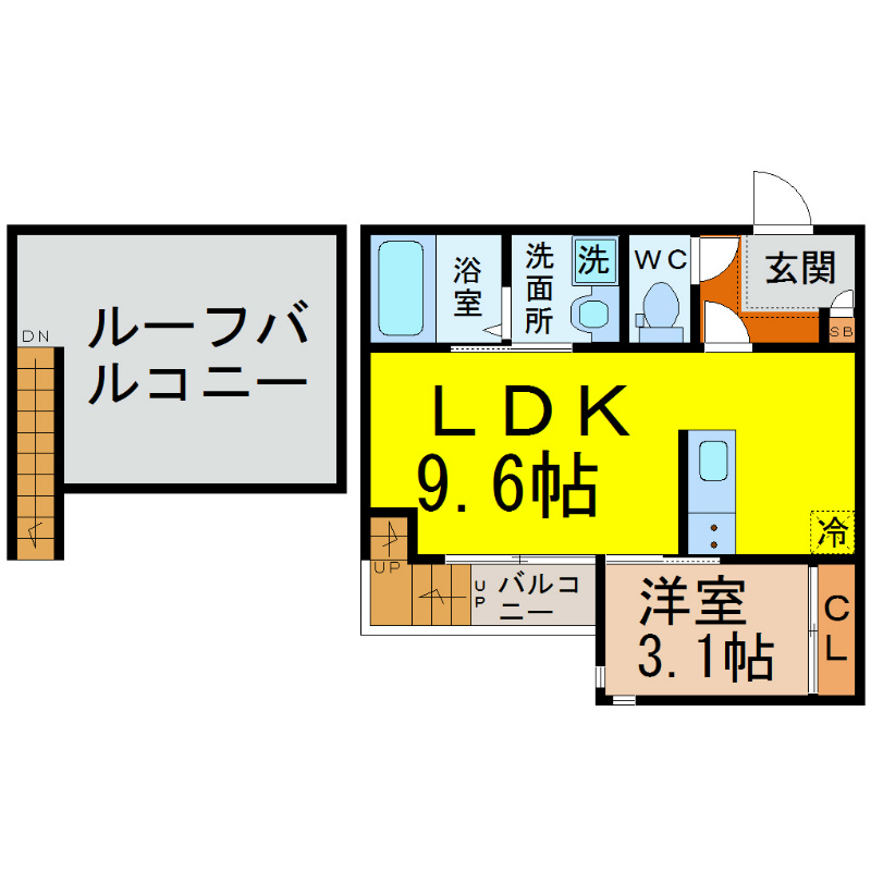 Ｇｒａｎｄｔｉｃ　Ｒｅｓｉｄｅｎｃｅ堀田 間取り　ＬＤＫ9.6帖　洋室3.1帖　ルーフバルコニー