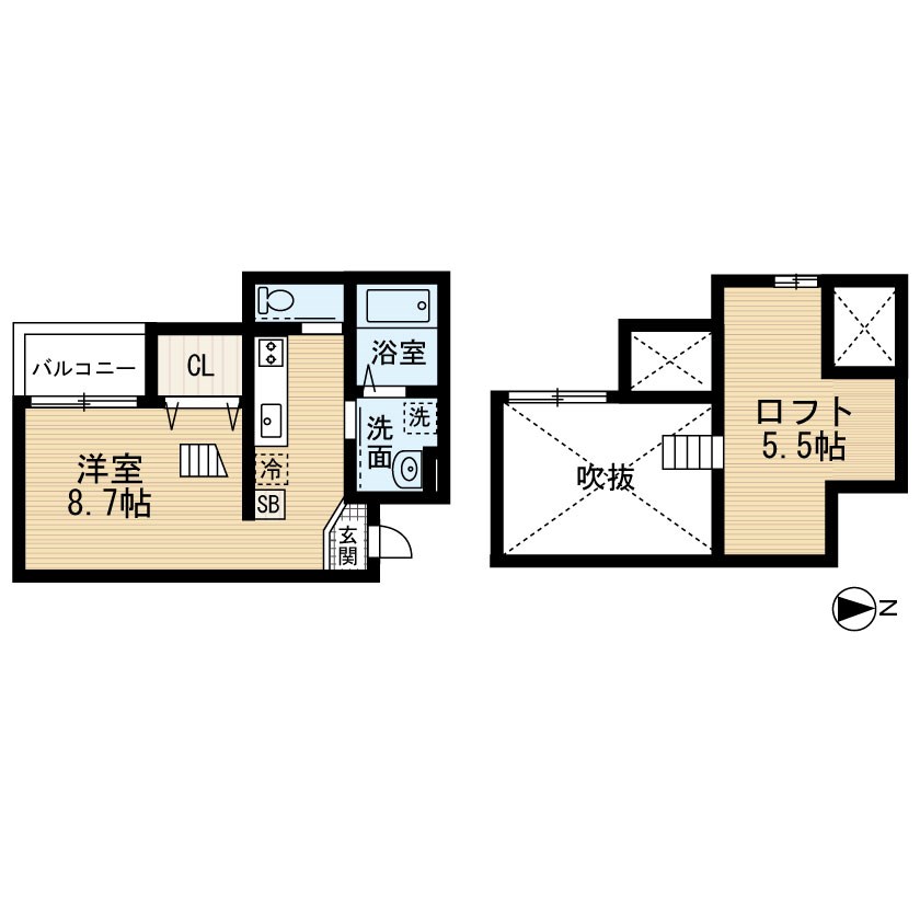 アーティ山王 間取図　洋室8.7帖　ロフト5.5帖　脱衣洗面所　バルコニー