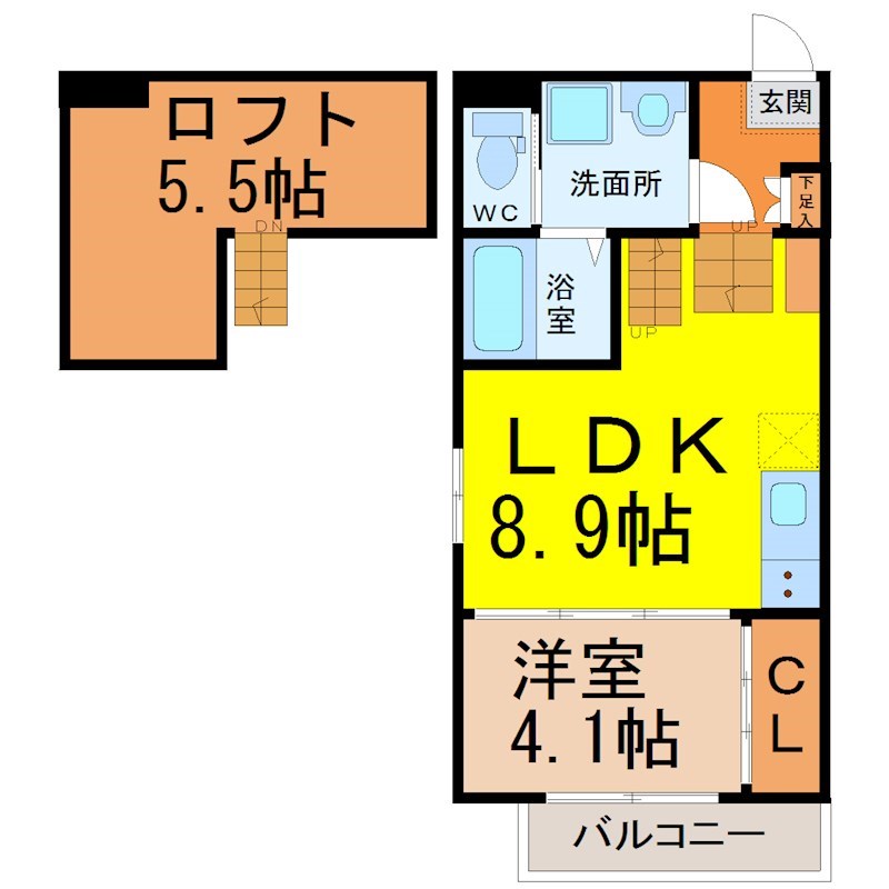ハーモニーテラス茶屋坂通 間取図　ＬＤＫ8.9帖　洋室4.1帖　ロフト付　脱衣洗面所