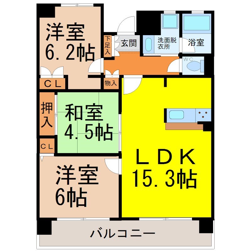 スクエア名古屋港 間取図　ＬＤＫ15.3帖　カウンターキッチン　脱衣洗面所