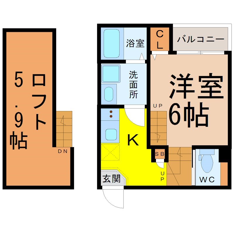 ハーモニーテラス烏森 間取図　洋室6帖　ロフト5.9帖　脱衣洗面所　バルコニー