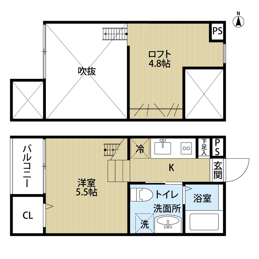フェリオ平安通 間取図　洋室5.5帖　ロフト4.8帖　脱衣洗面所　バルコニー