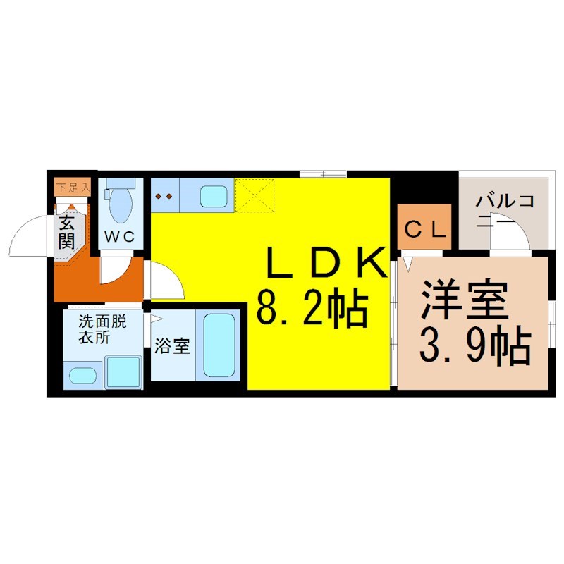 ハーモニック北原 間取図　ＬＤＫ8.2帖　洋室3.9帖　脱衣洗面所
