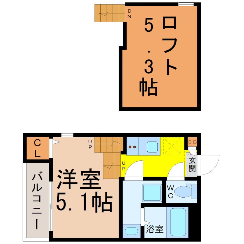ハーモニーテラス野並IX 間取図　洋室5.1帖　ロフト5.3帖　脱衣洗面所