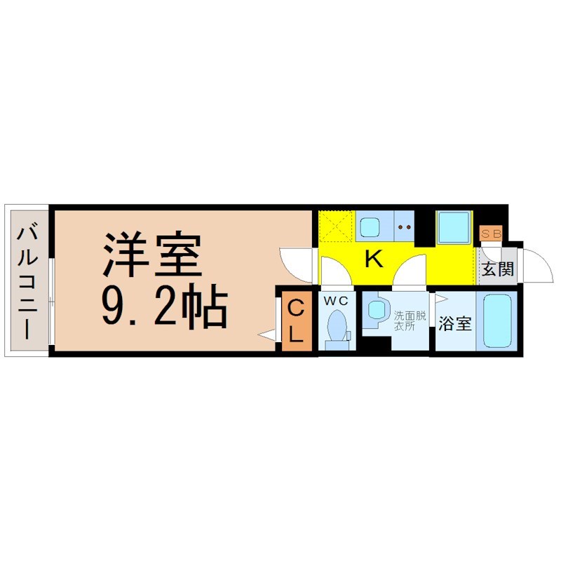 リブリ・平安通 間取図　洋室9.2帖　脱衣洗面所　クローゼット付　バルコニー