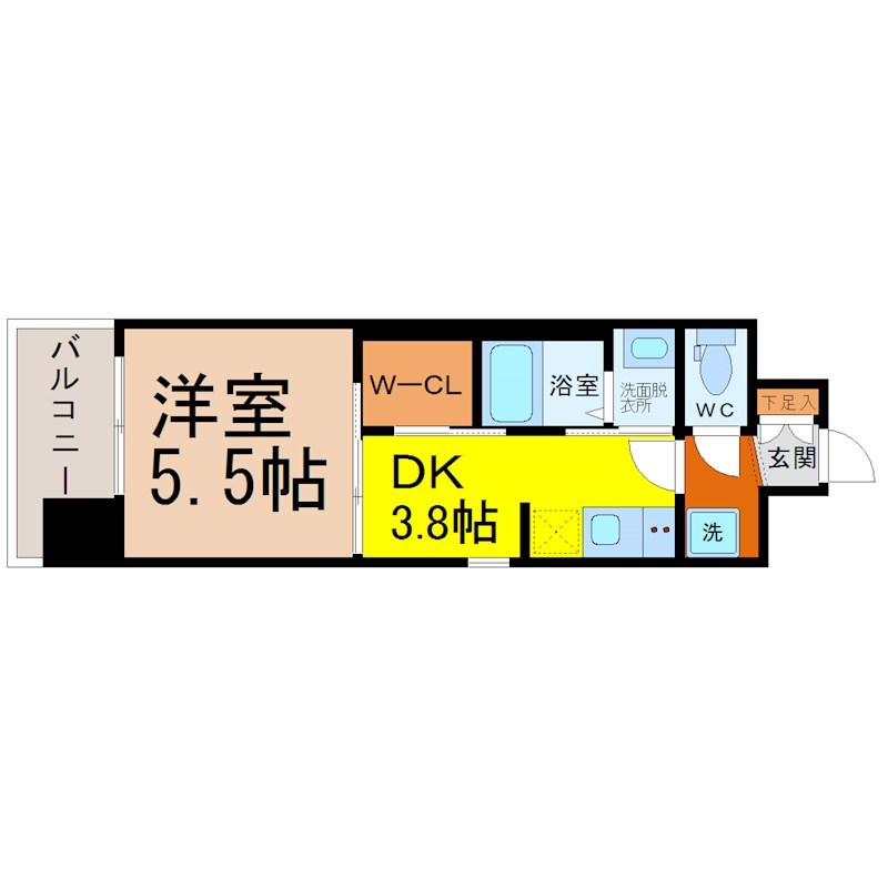 エステムコート名古屋鶴舞シエル 間取図　ＤＫ3.8帖　洋室5.5帖　脱衣洗面所　バルコニー