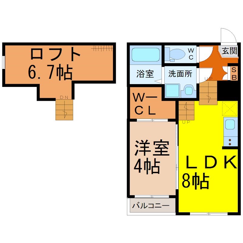 メゾンドルミエール 間取図　ＬＤＫ8帖　洋室4帖　ロフト6.7帖　脱衣洗面所