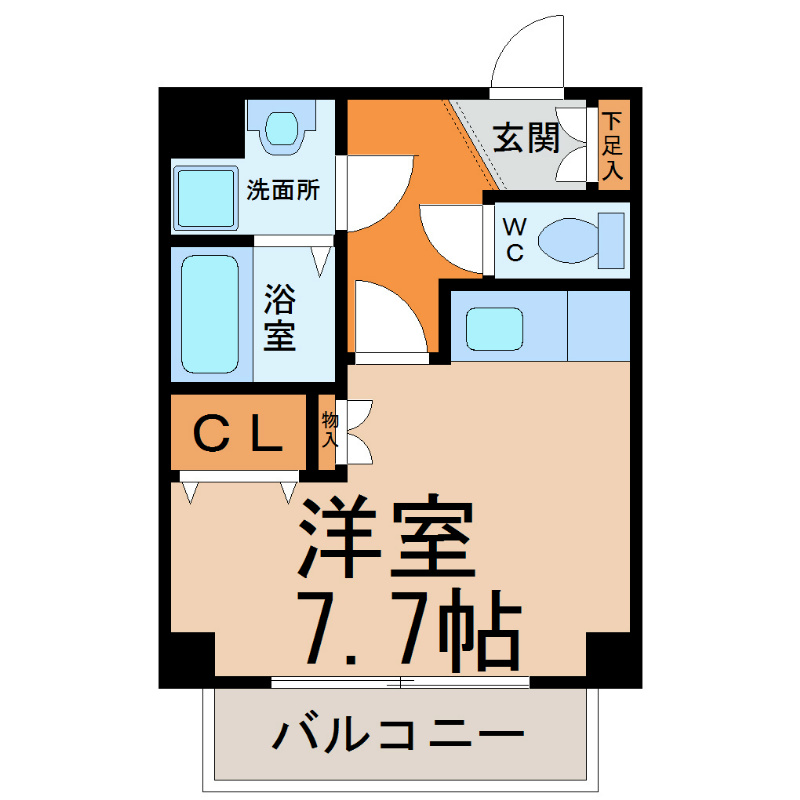 ソシア内山 間取図　洋室7.7帖　脱衣洗面所　南面バルコニー