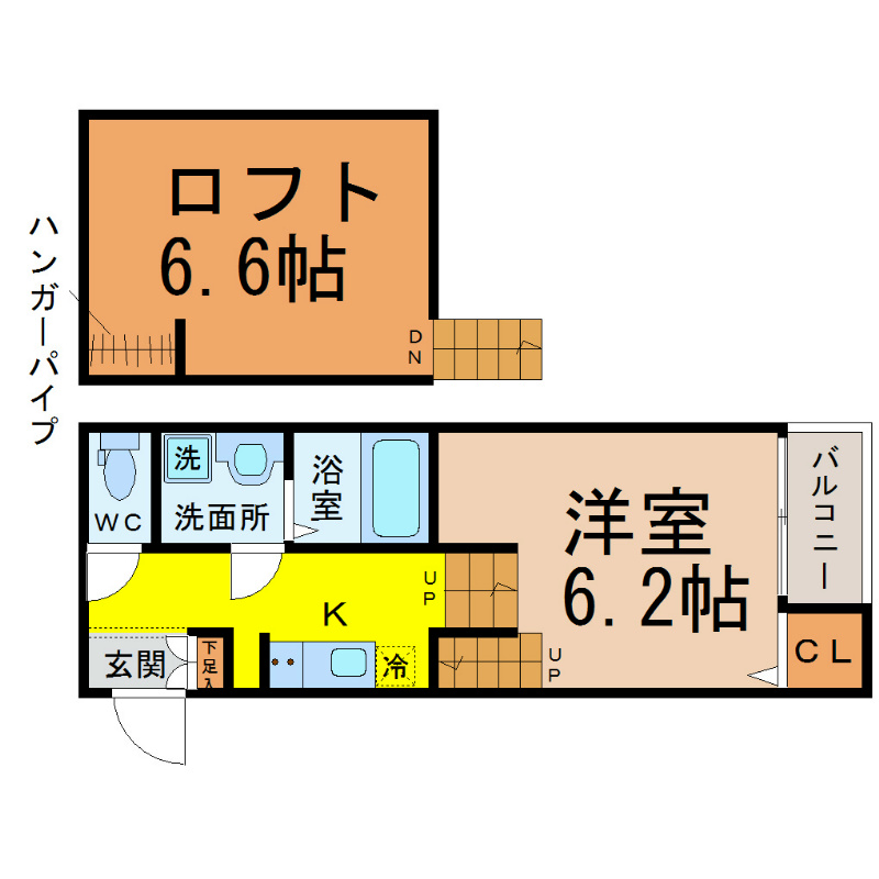 Ｖｅｒｄｅ新守西（ヴェルデ新守西） 間取図　洋室6.2帖　ロフト6.6帖　脱衣洗面所　バルコニー