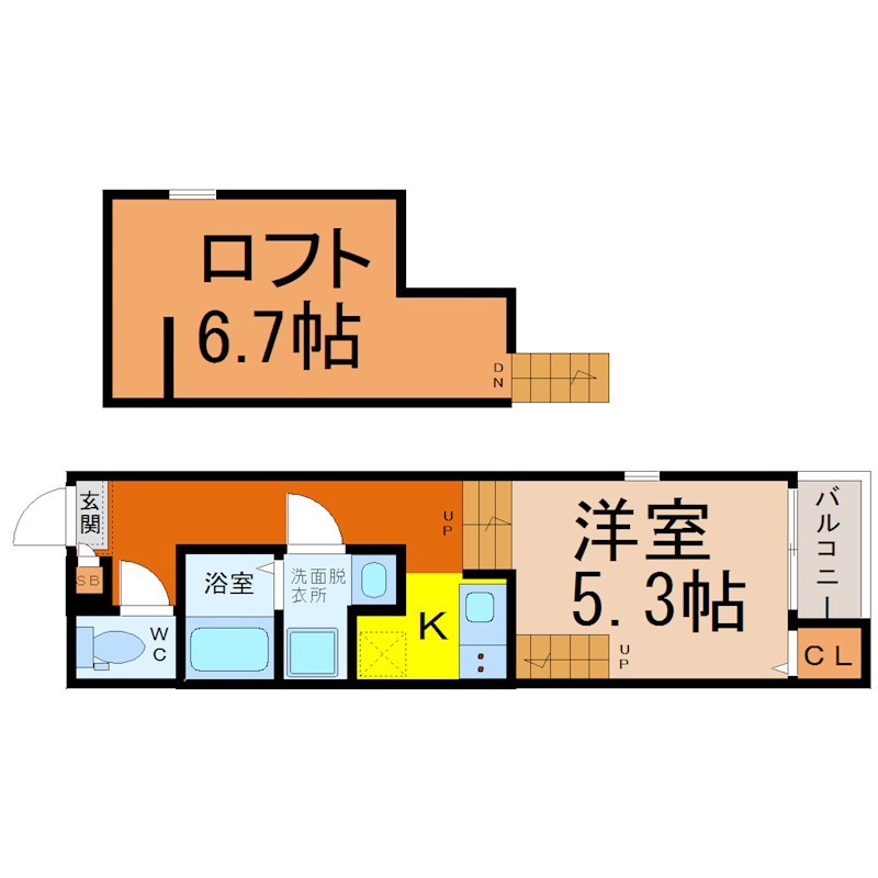 （仮称）西区山木一丁目Ｂ新築アパート 間取図　洋室5.3帖　ロフト6.7帖　脱衣洗面所　バルコニー