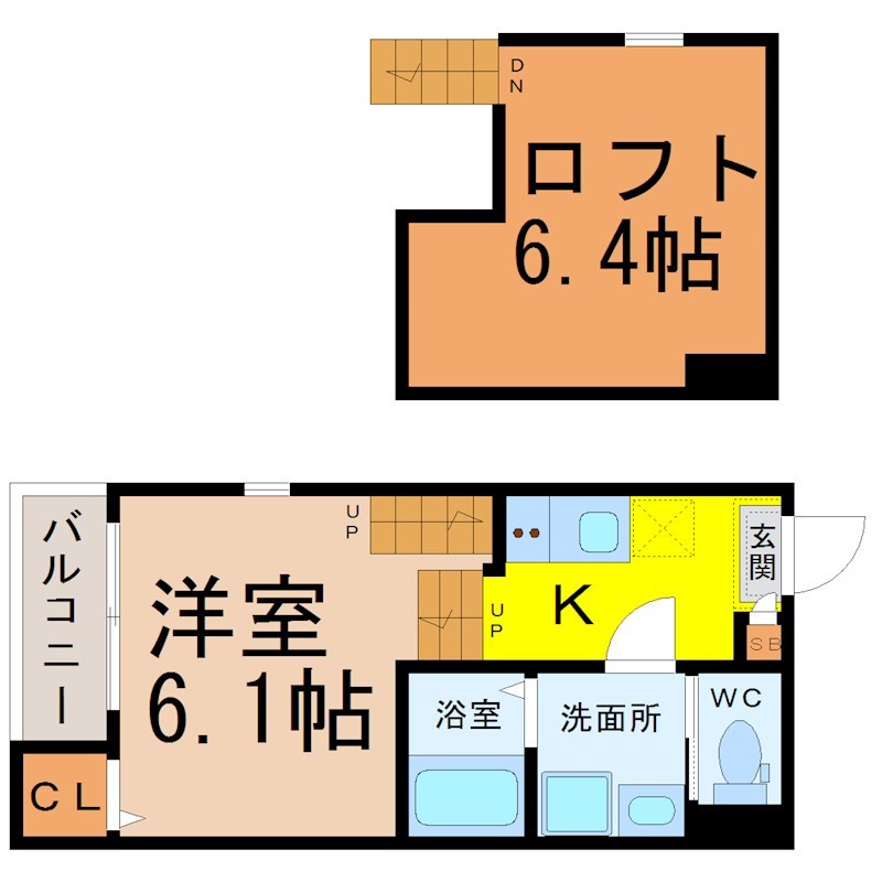 （仮称）西区山木一丁目Ｂ新築アパート 間取図　洋室6.1帖　ロフト6.4帖　脱衣洗面所　バルコニー
