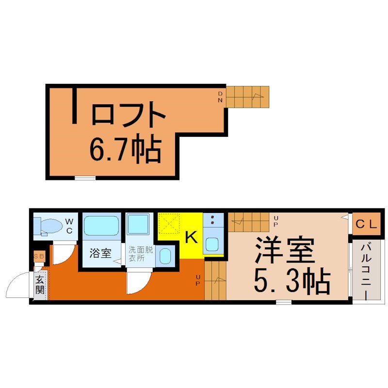 （仮称）西区山木一丁目Ｂ新築アパート 間取図　洋室5.3帖　ロフト6.7帖　脱衣洗面所　バルコニー