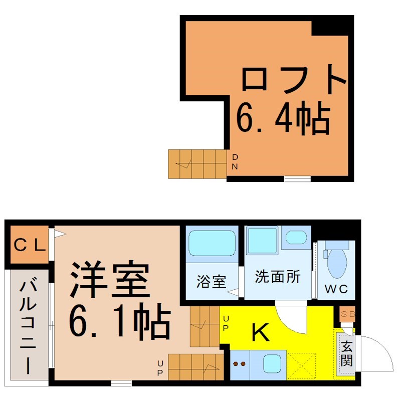 （仮称）西区山木一丁目Ｂ新築アパート 間取図　洋室6.1帖　ロフト6.4帖　脱衣洗面所　バルコニー