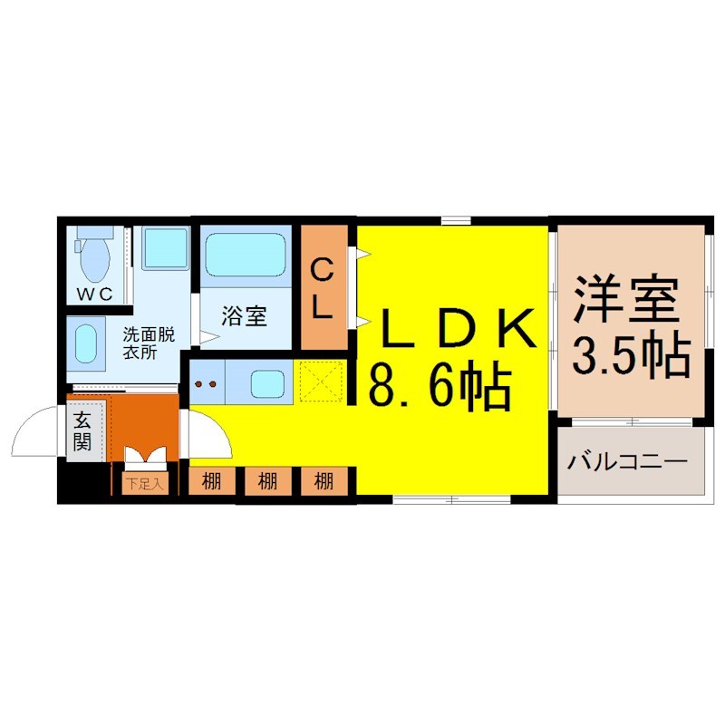 ハーモニーテラス山木Ⅰ 間取図　ＬＤＫ8.6帖　洋室3.5帖　脱衣洗面所　バルコニー