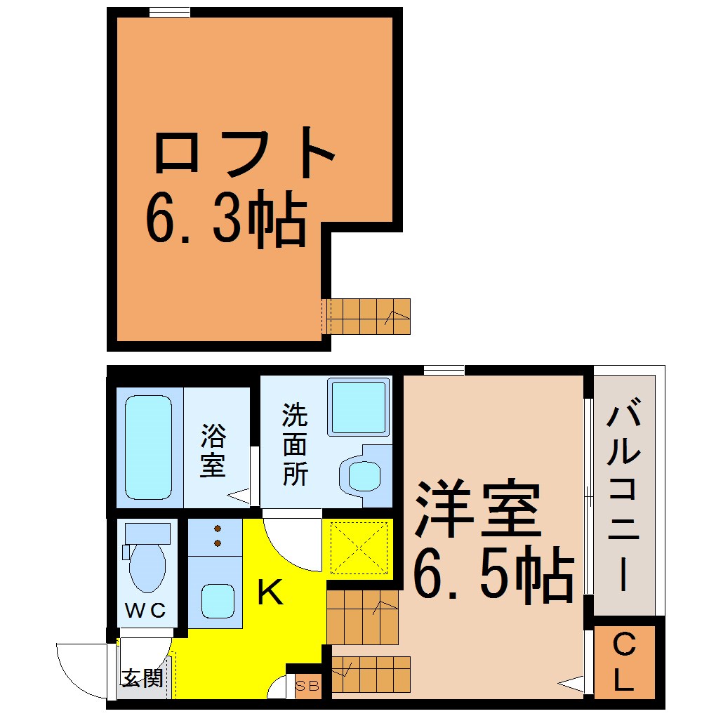 コードソレイユ柳ヶ枝町 間取図　洋室6.5帖　ロフト6.3帖　脱衣洗面所　バルコニー