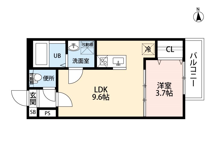 ピエール・ポルテ 間取り　ＬＤＫ9.6帖　洋室3.7帖　脱衣洗面所　バルコニー