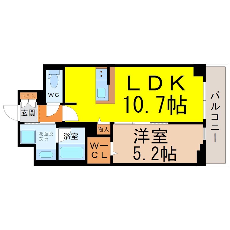 ＲＥＳＩＤＥＮＣＥ丸の内七間町 間取図　ＬＤＫ10.7帖　洋室5.2帖　脱衣洗面所