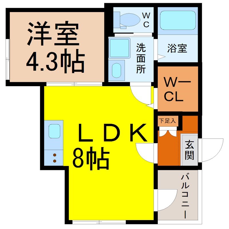 ミュゼ 間取図　ＬＤＫ8帖　洋室4.3帖　脱衣洗面所　バルコニー