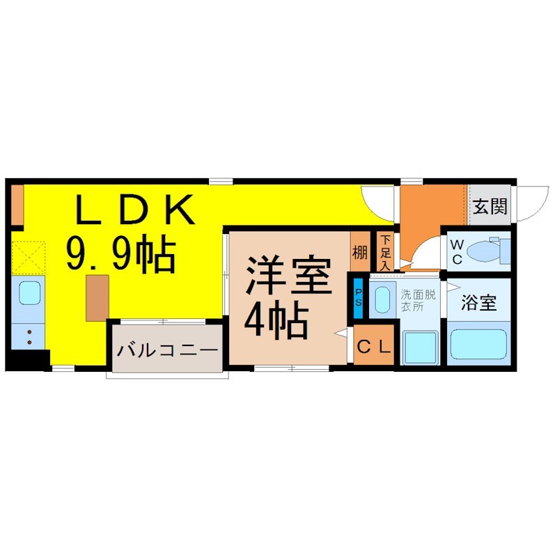 グランレーヴ大曽根 間取図　ＬＤＫ9.9帖　洋室4帖　脱衣洗面所　バルコニー