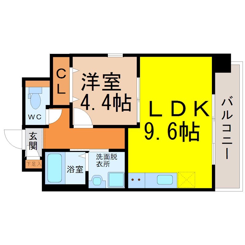 ＧＲＡＣＥ　ＲＥＧＡＬＩＡ 間取図　ＬＤＫ9.6帖　洋室4.4帖　脱衣洗面所　バルコニー