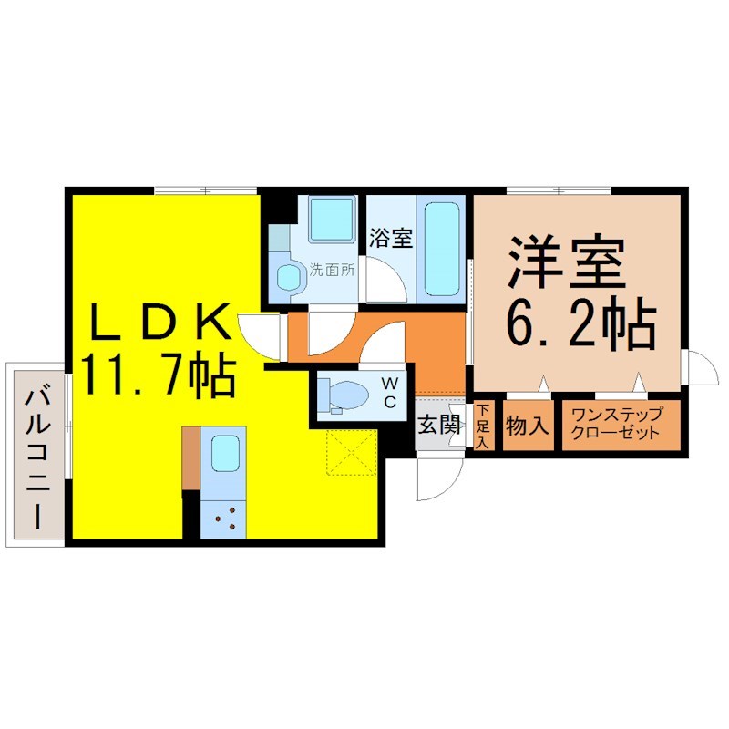 メゾンドリベルテII 間取図　ＬＤＫ11.7帖　洋室6.2室　脱衣洗面所