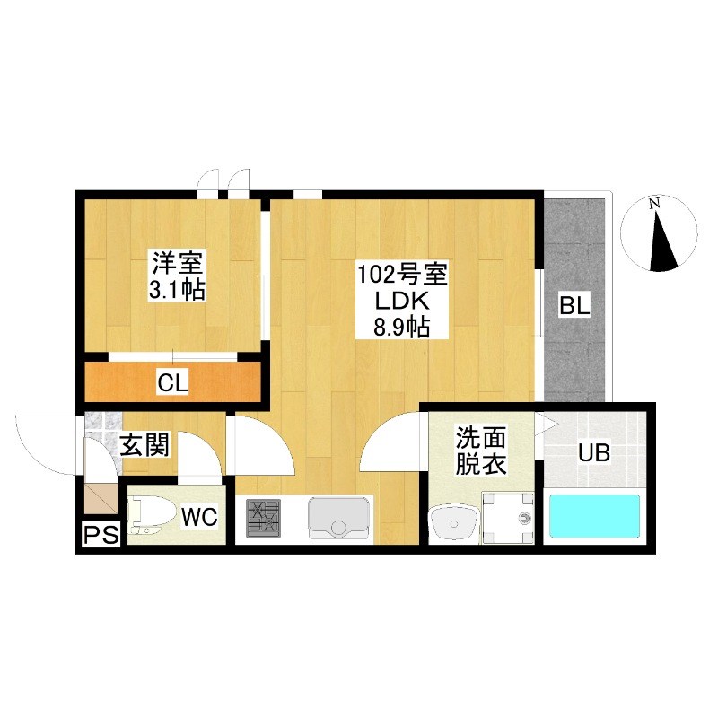 ＧＲＡＮＤＴＩＣ志賀本通南 間取図　ＬＤＫ8.9帖　洋室3.1帖　脱衣洗面所　バルコニー