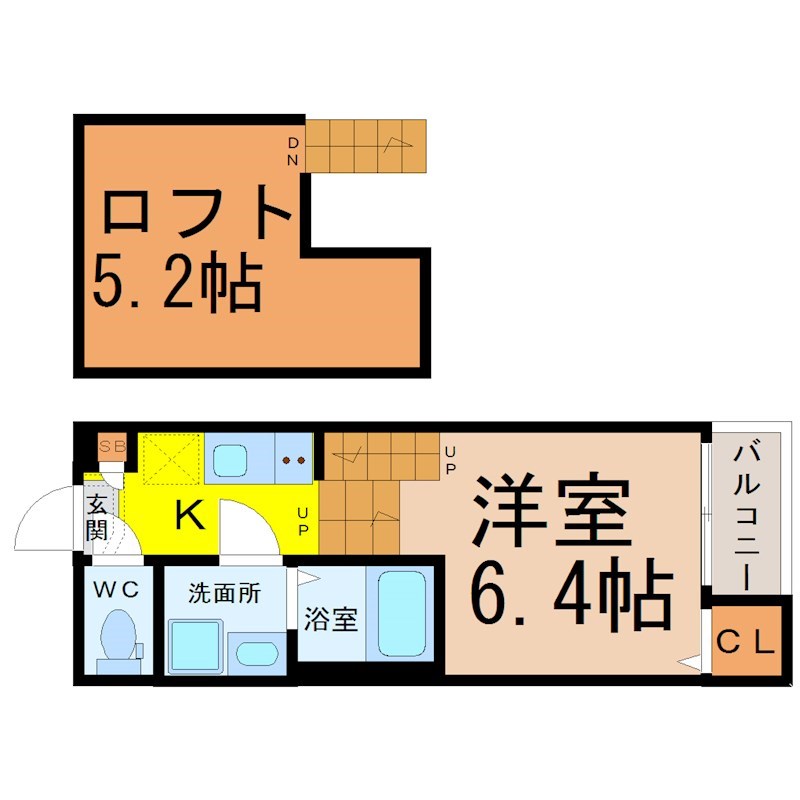 ハーモニーテラス靖国町IV 間取図　洋室6.4帖　ロフト5.2帖　脱衣洗面所　バルコニー