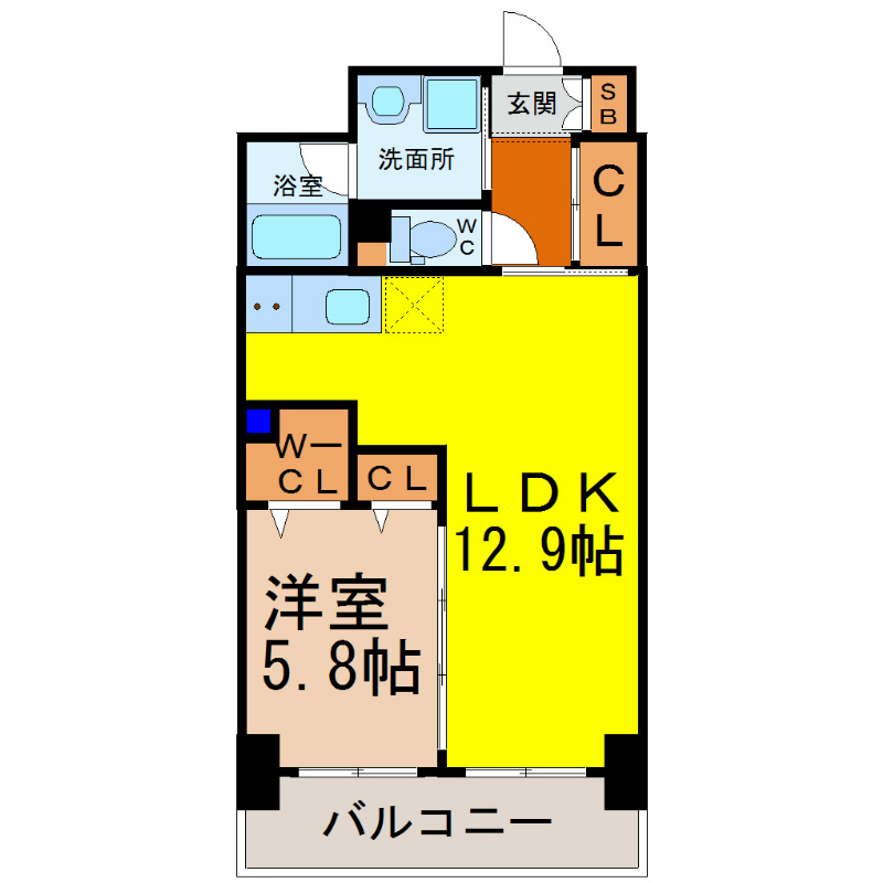 リバーストーム白鳥 間取図　ＬＤＫ12.9帖　洋室5.8帖　南面バルコニー