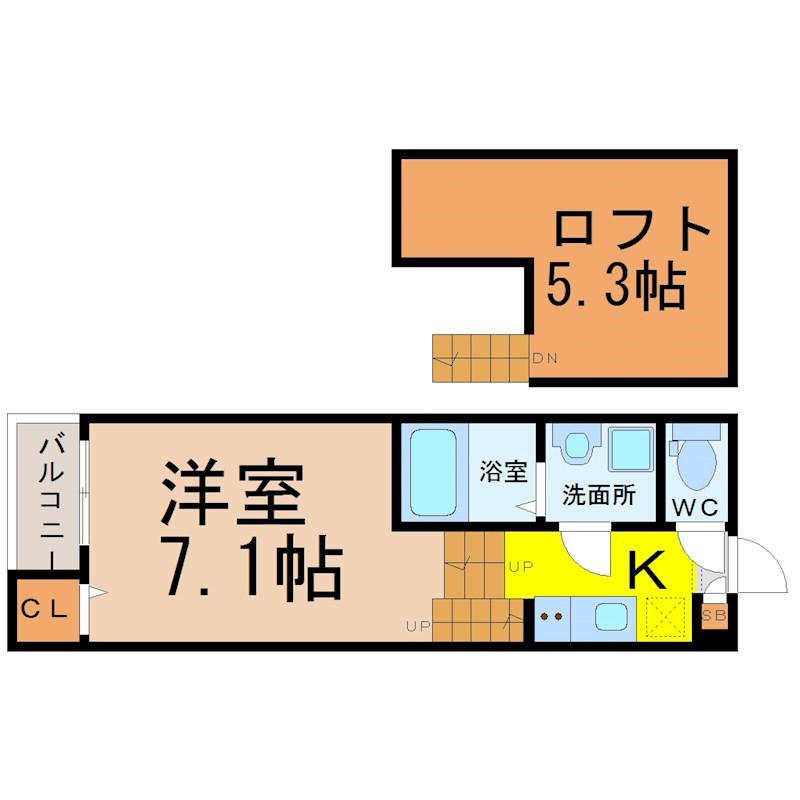 ＬＡコリーヌ 間取図　洋室7.1帖　ロフト5.3帖　脱衣洗面所　バルコニー