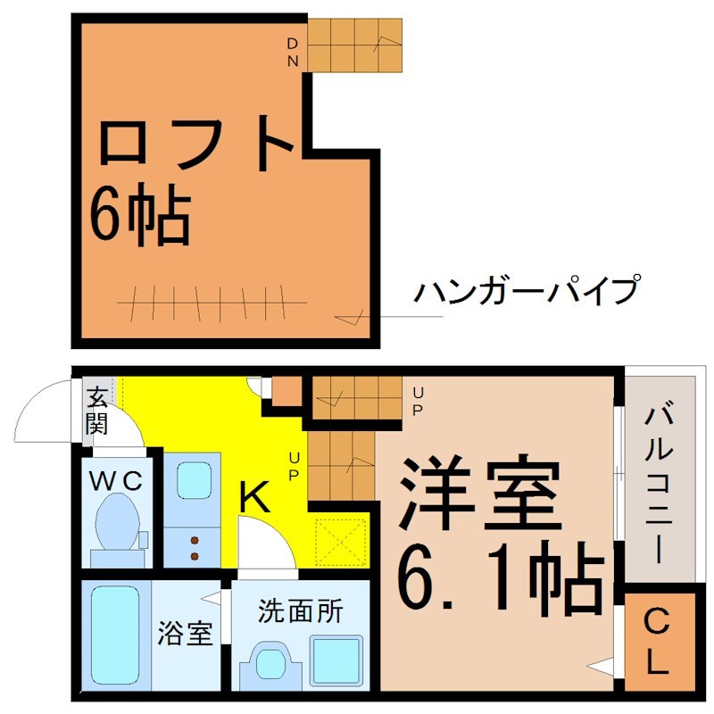 グランディ 間取図　洋室6.1帖　ロフト6帖　脱衣洗面所　バルコニー