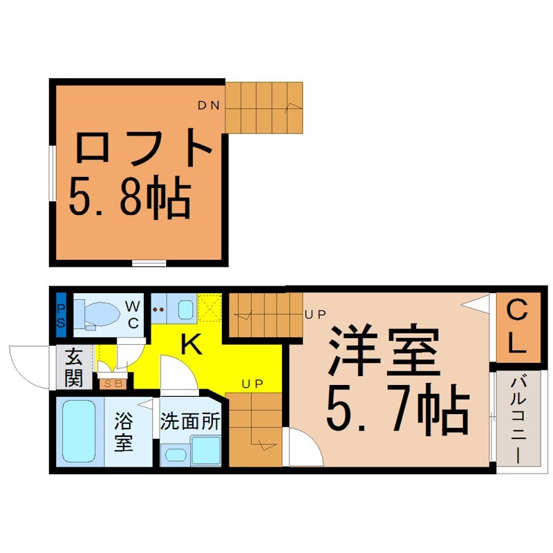 Ｃｒｅｏ矢田（クレオ矢田） 間取図　洋室5.7帖　ロフト5.8帖　脱衣洗面所