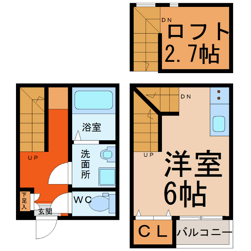 グランステート上名古屋 間取図　洋室6帖　ロフト2.7帖　脱衣洗面所