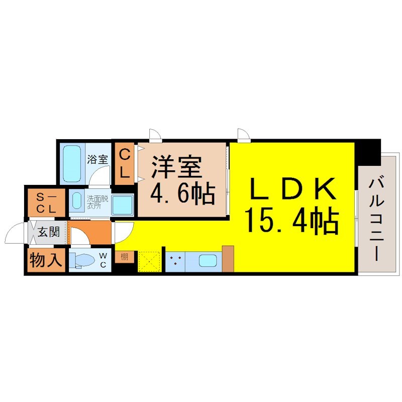 Ｌｉｅｎ　ｄｅ　ｉｚｕｍｉ（リヤンドイズミ） 間取図　ＬＤＫ15.4帖　洋室4.6帖　脱衣洗面所