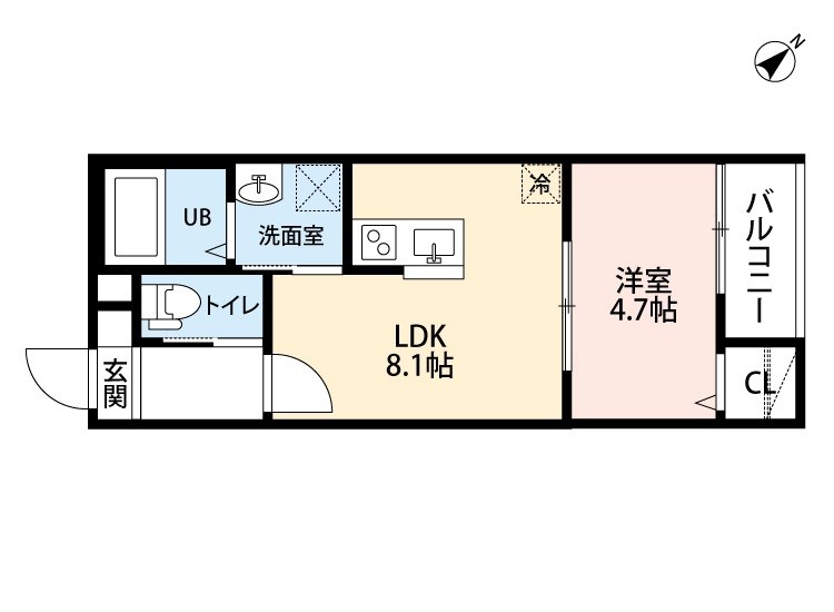 Ｒｅｆｉｎｏ野並（レフィノノナミ） 間取り　ＬＤＫ8.1帖　洋室4.7帖　脱衣洗面所　バルコニー