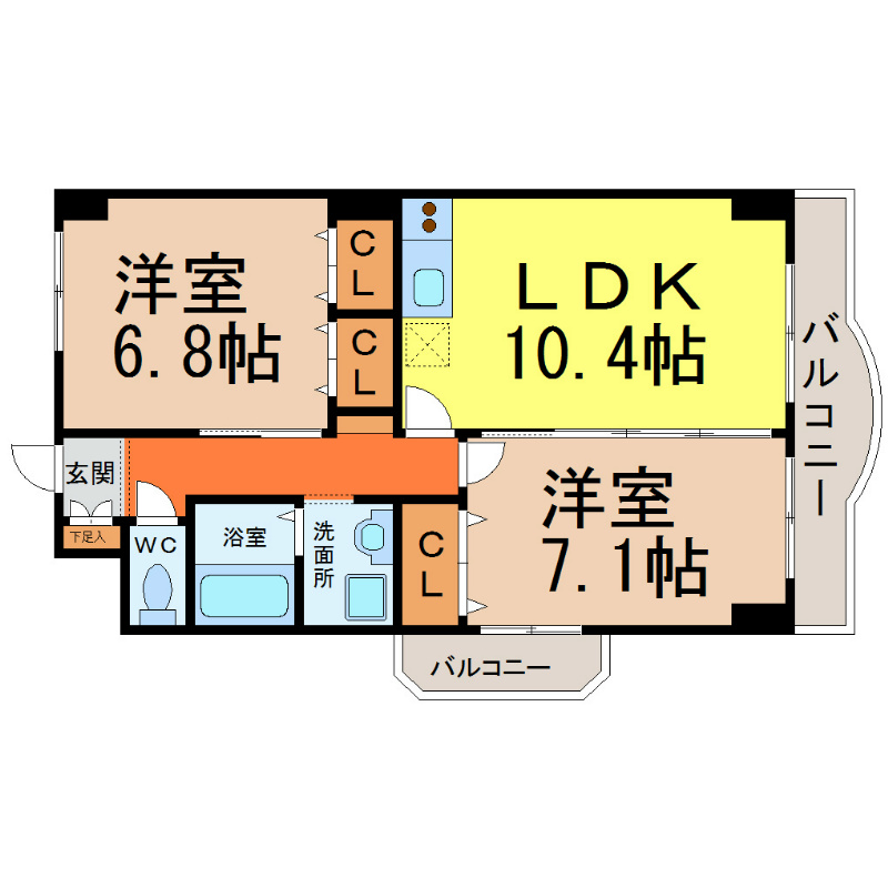 サンアベニュー尾頭橋 間取図　ＬＤＫ10.4帖　洋室×２　ルーフバルコニー