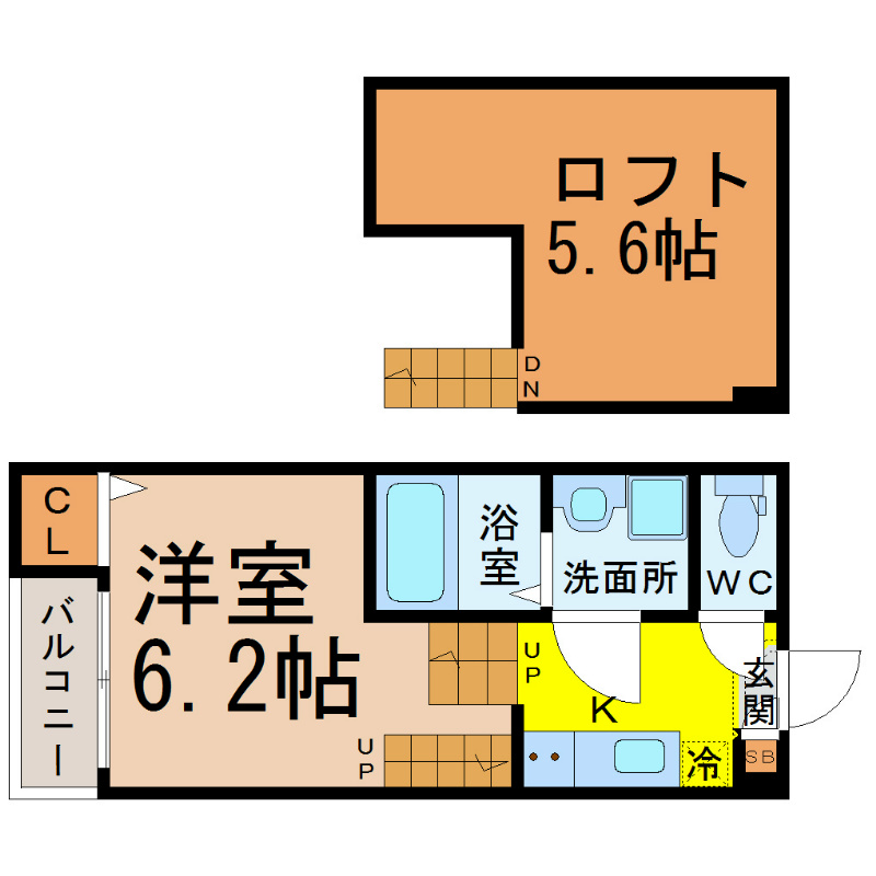クレール・Ｋ・桜山 間取図　洋室6.2帖　ロフト5.6帖　脱衣洗面所　バルコニー