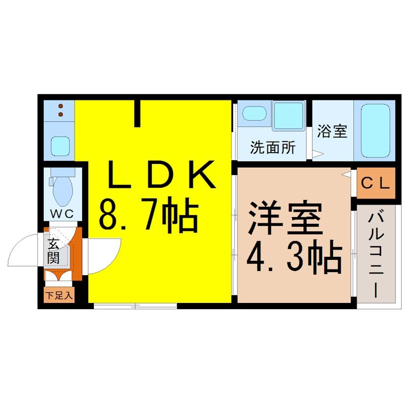 フェリーチェ山王 間取図　ＬＤＫ8.7帖　洋室4.3帖　脱衣洗面所